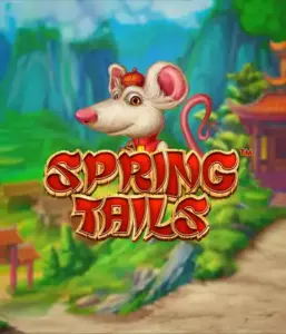 A charming illustration of a white rat wearing a red traditional Chinese outfit standing in a vibrant landscape with mountains. The image promotes the Spring Tails Slot by Betsoft, showcased with prominent gold and red logo lettering.