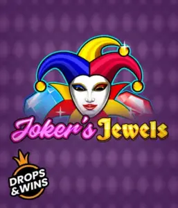 Experience the playful charm of the Joker's Jewels game by Pragmatic Play, showcasing a charming joker's mask embellished with a vivid jester hat. This graphic captures the fun and excitement of classic slots, set against a purple background. Ideal for casino game enthusiasts, delivering a delightful adventure. 